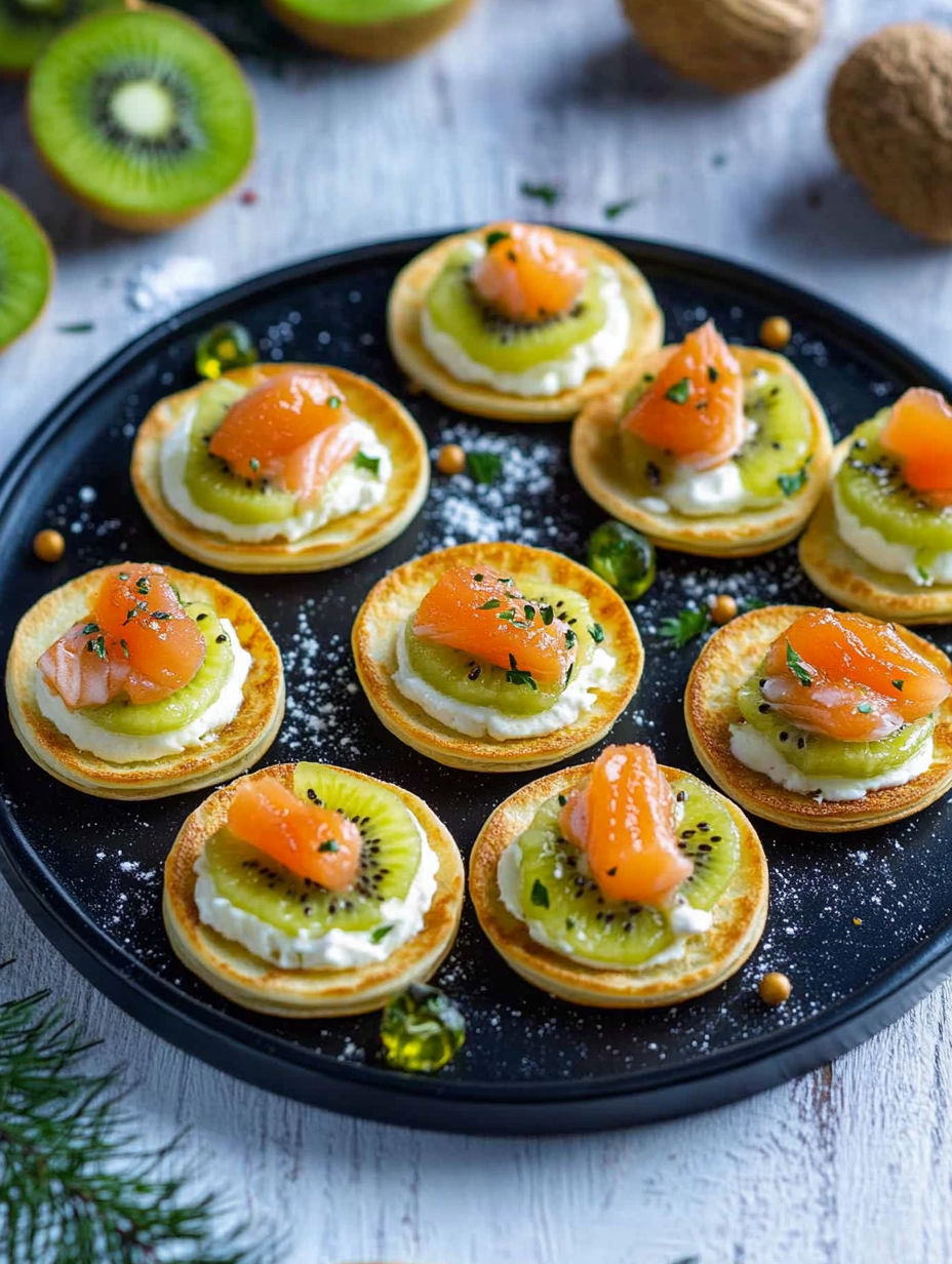 A plate of food with kiwi and salmon.