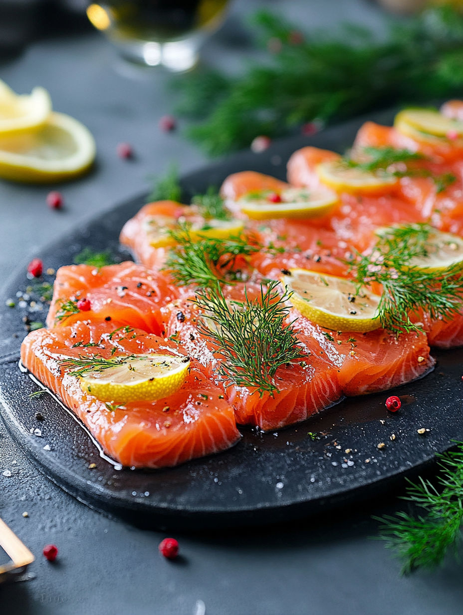 A plate of raw salmon with lemon slices on top.