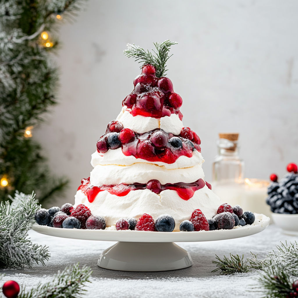 A Christmas tree shaped cake with berries and whipped cream.