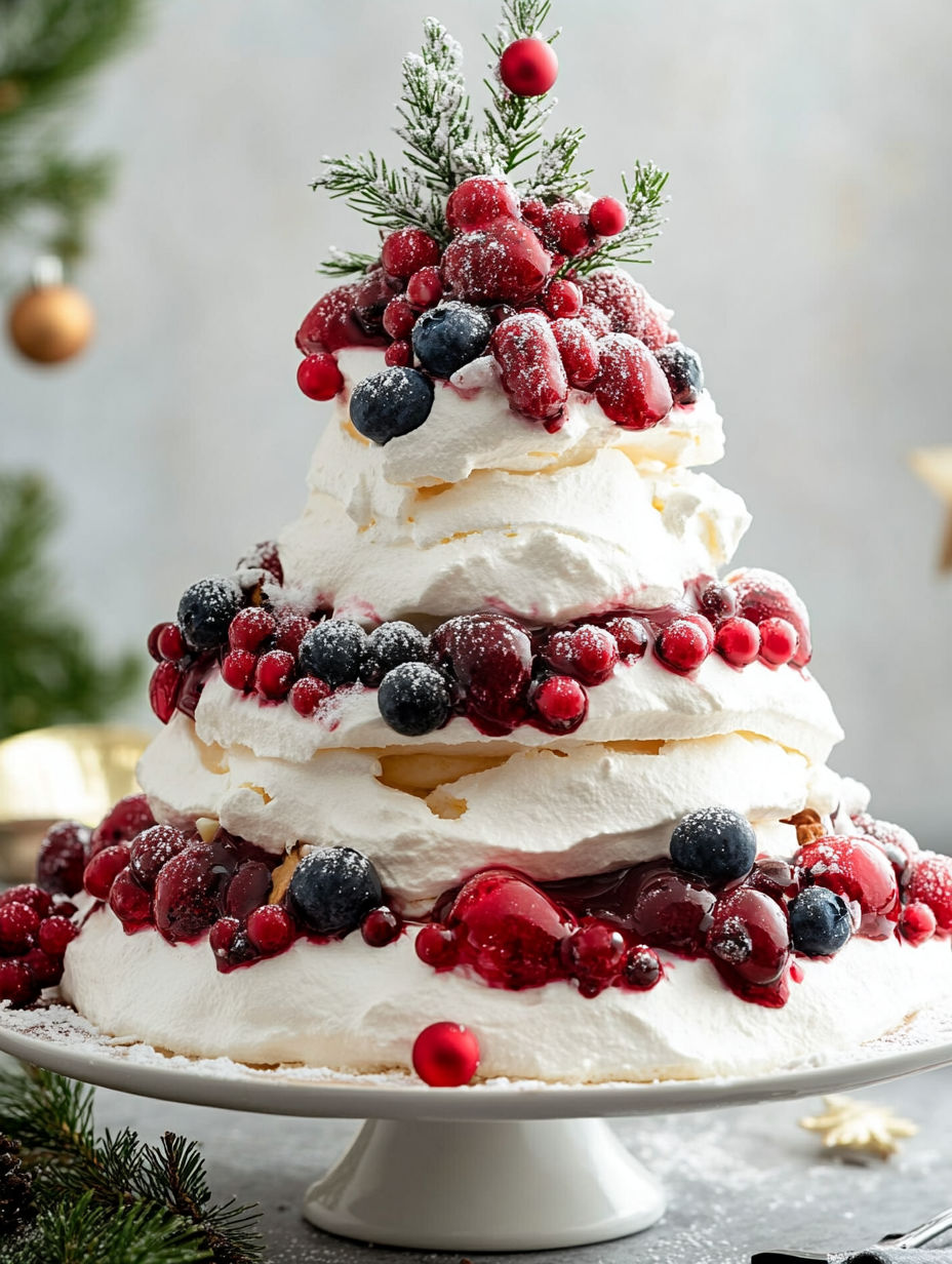 A white frosted cake with berries on top.