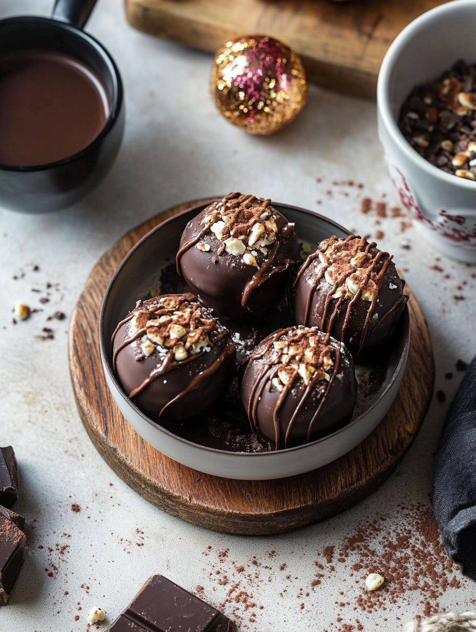 A bowl of chocolate balls with nuts on top.