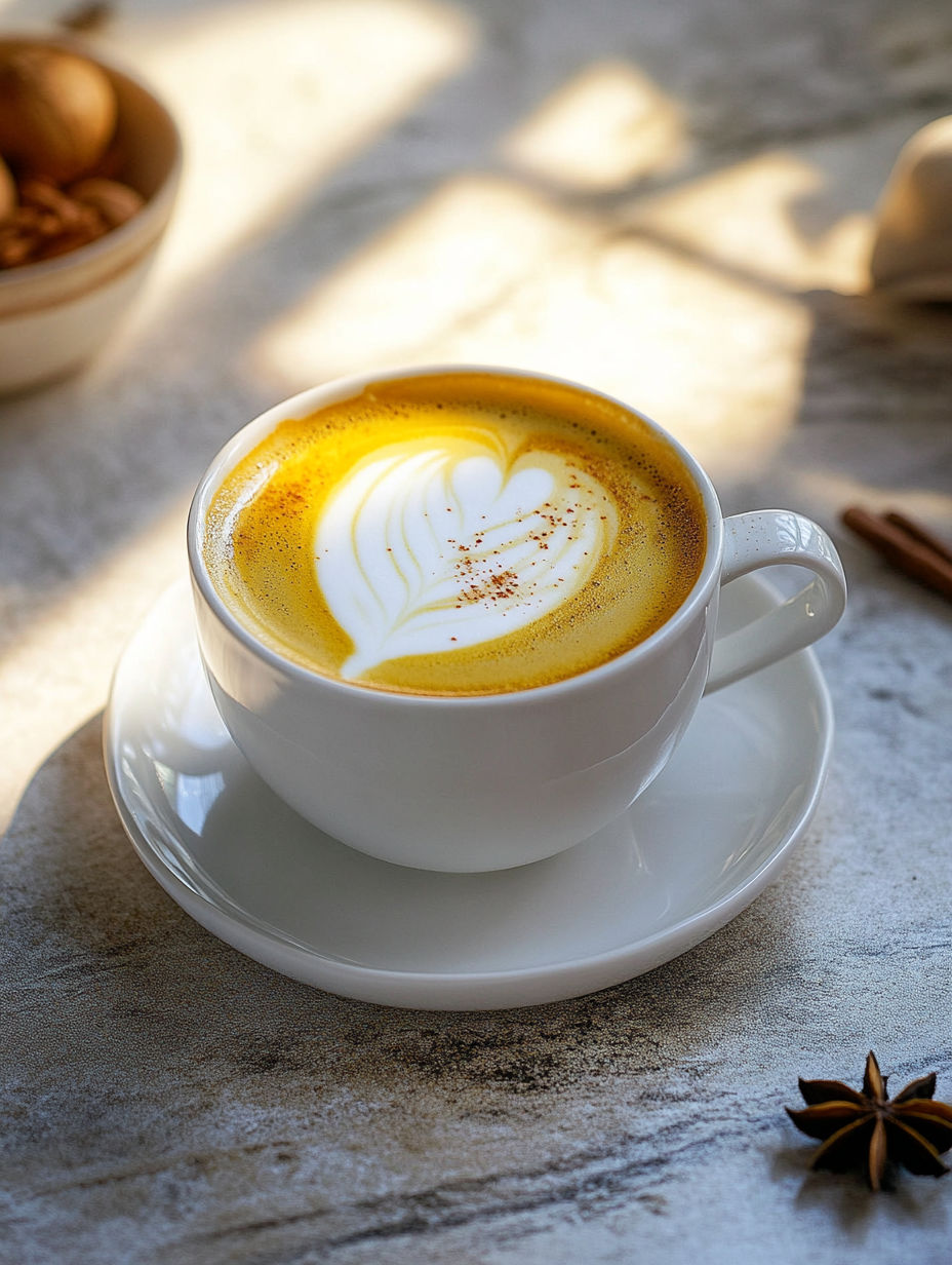 A cup of coffee with a heart shaped foam on top.