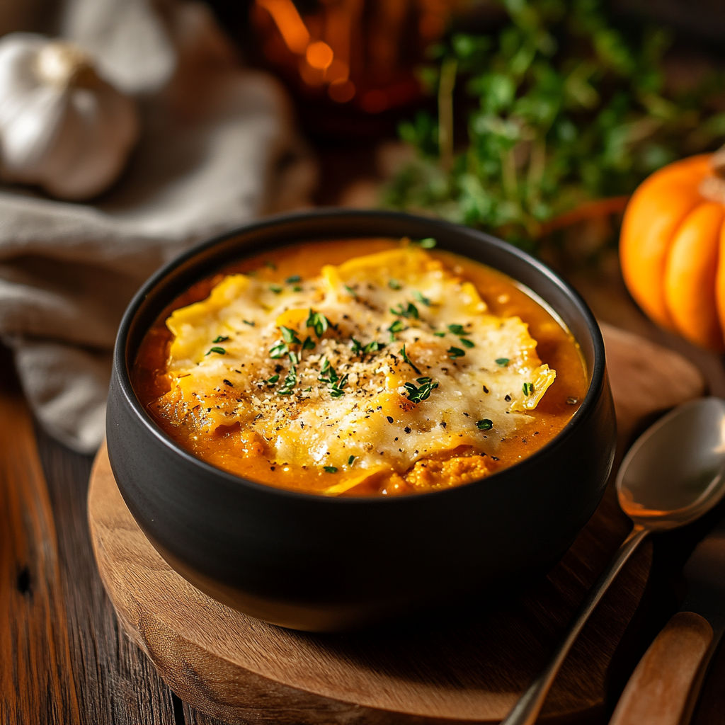 A bowl of soup with cheese and butternut squash.