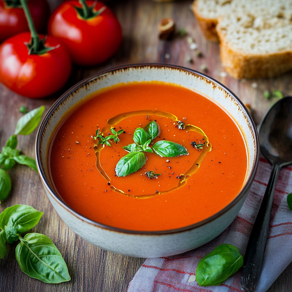 A bowl of soup with basil leaves in it.