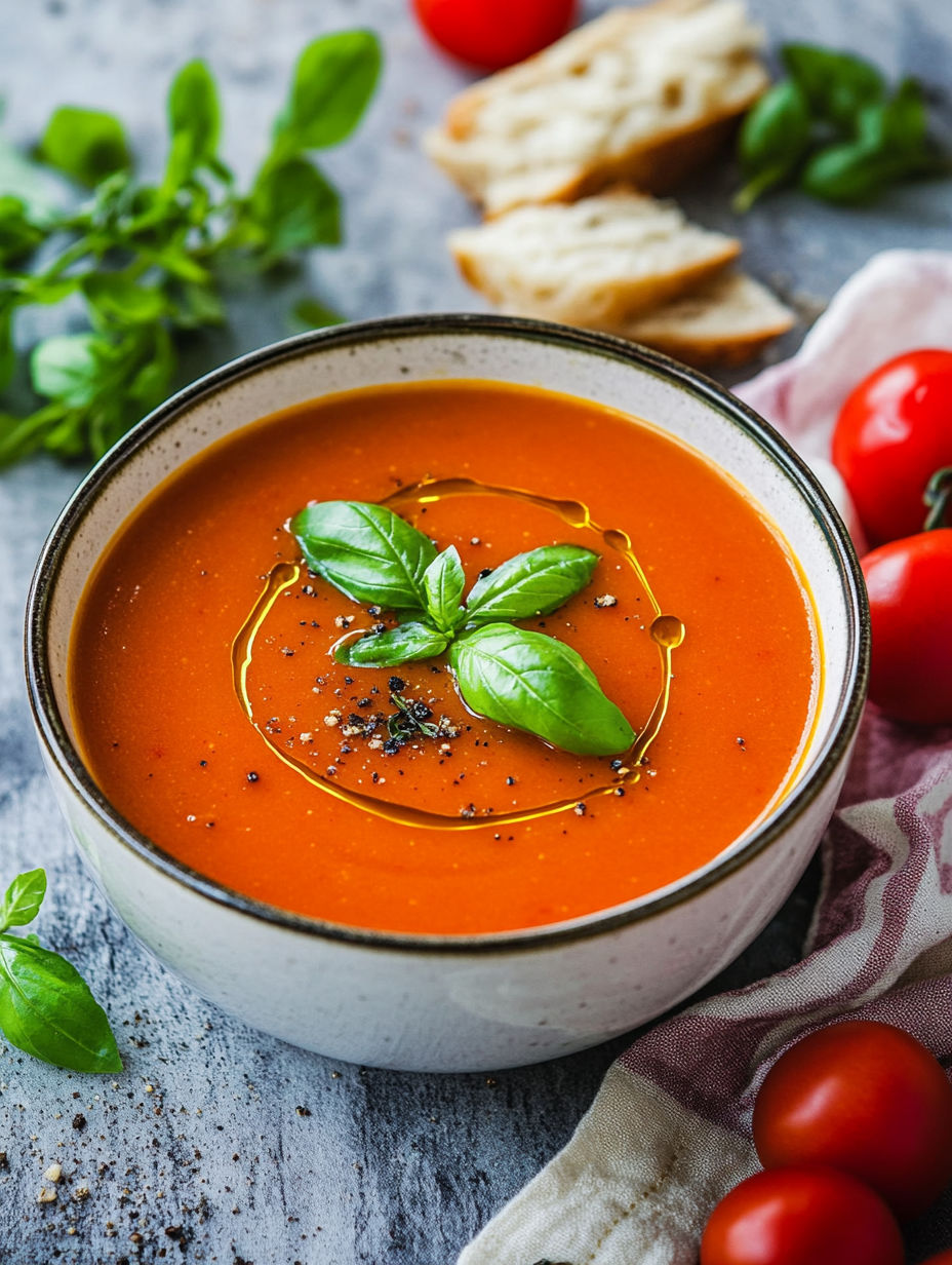A bowl of soup with a green herb on top.