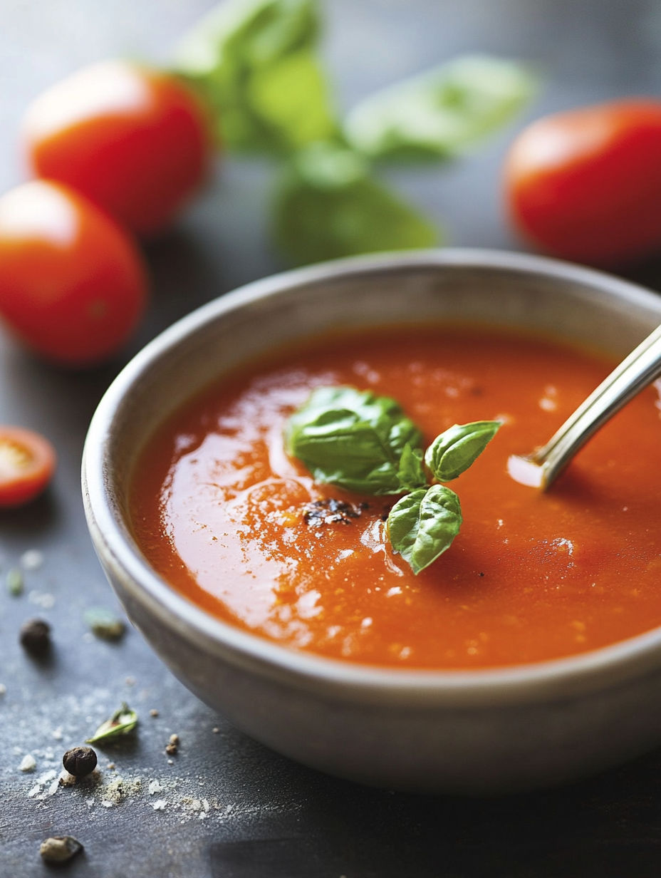 A bowl of soup with a spoon in it.