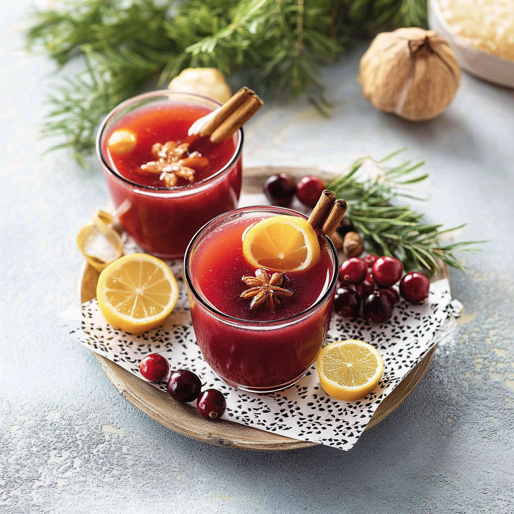 Two glasses of cranberry punch with lemon and cinnamon.