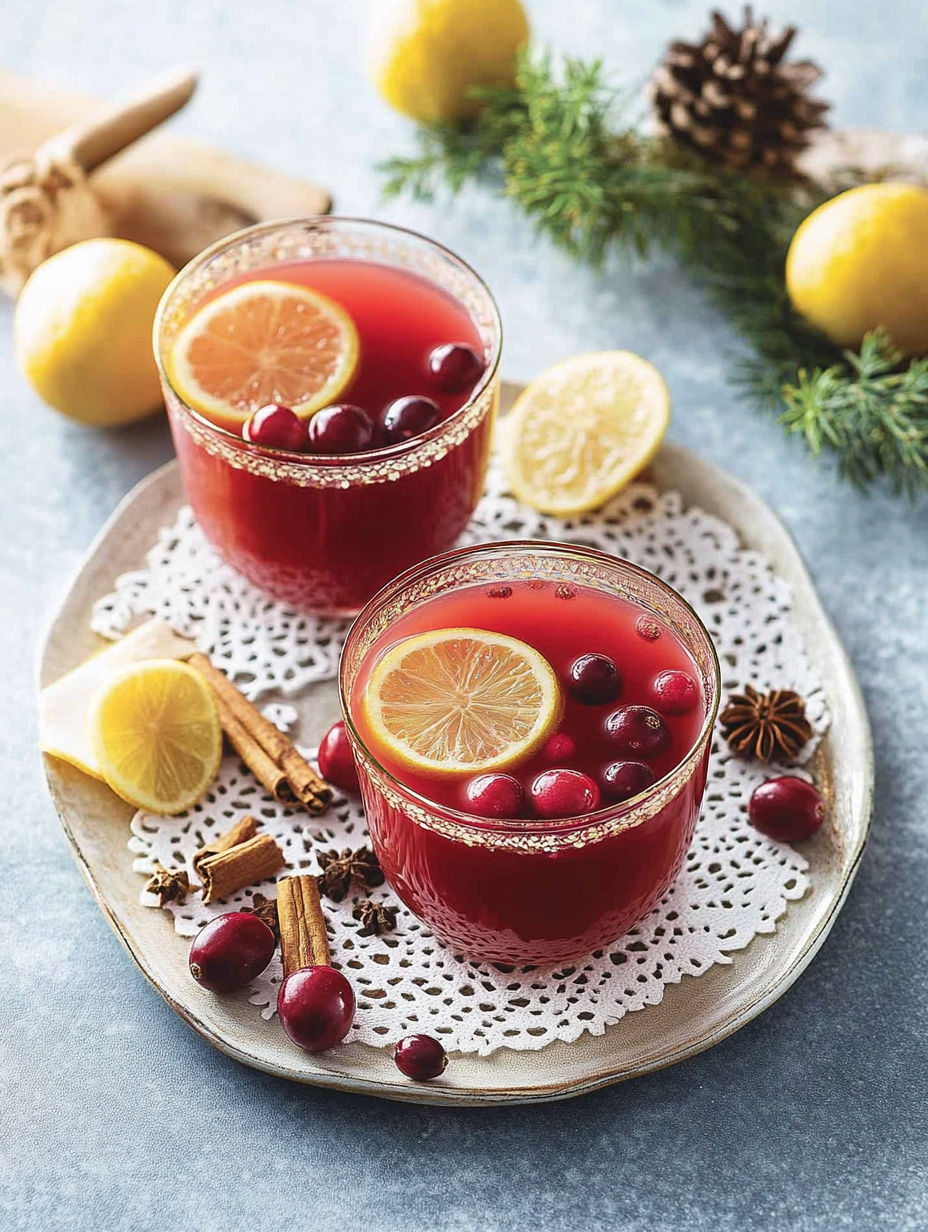 Two glasses of red punch with cranberries and citron.