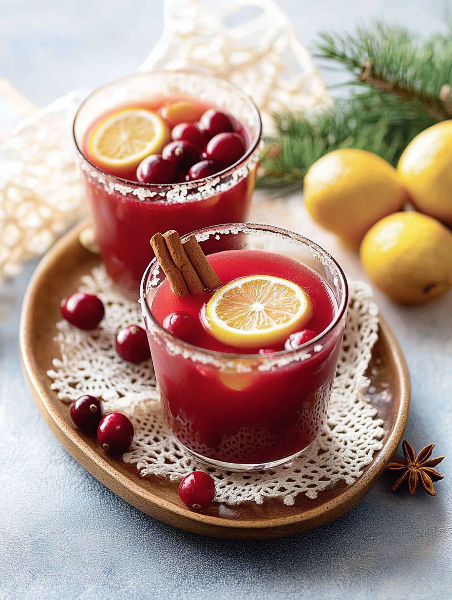Two glasses of red drink with cranberries and lemon.