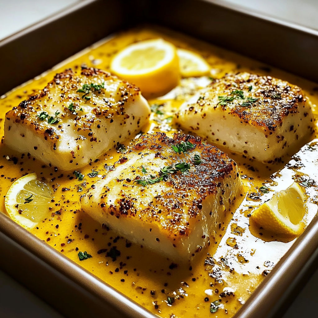A pan of fish with a sauce of mustard and lemon.