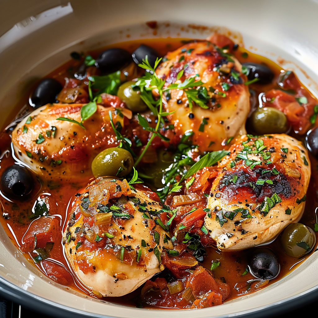 A bowl of chicken with olives and tomatoes.