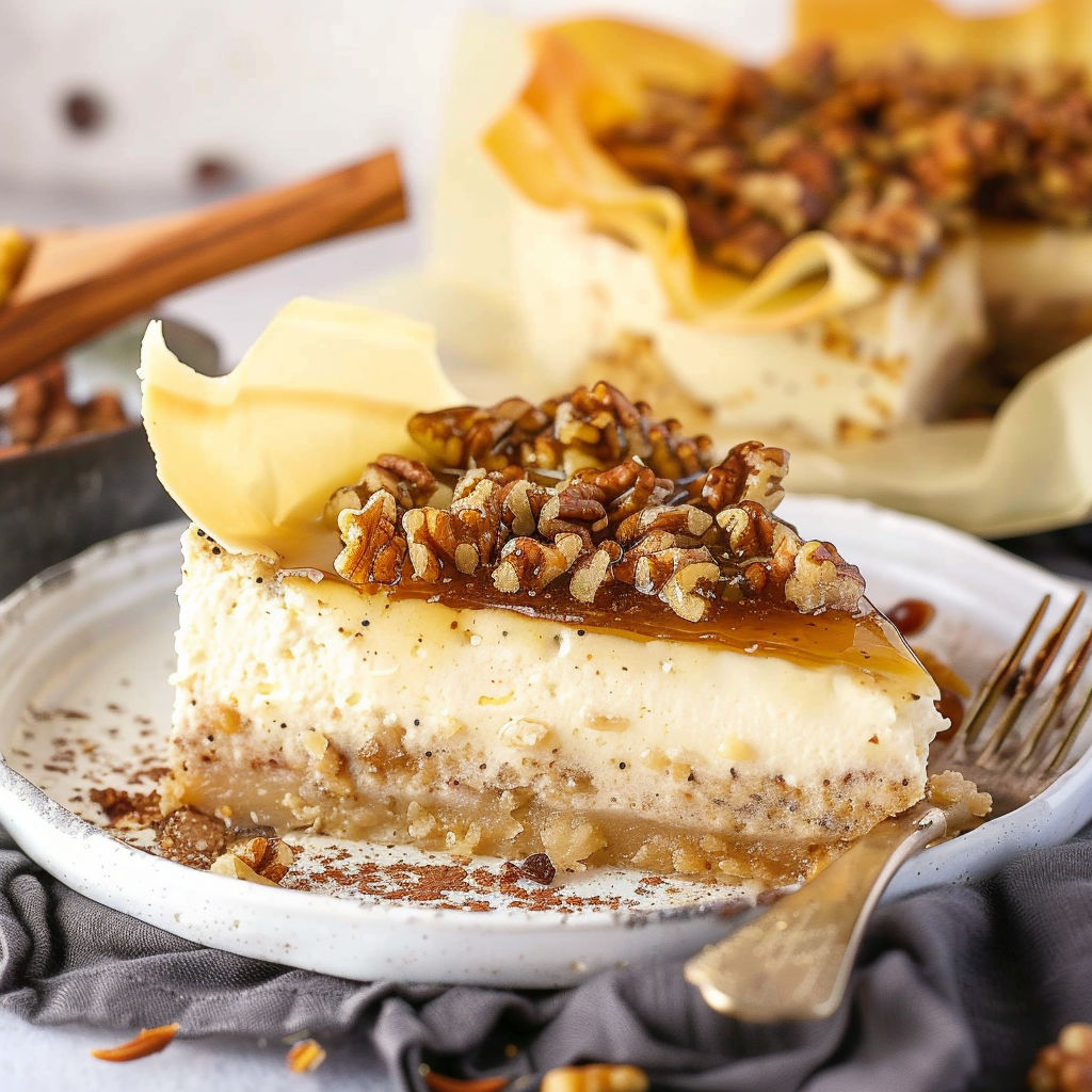 A slice of baklava cheesecake with a caramel sauce.