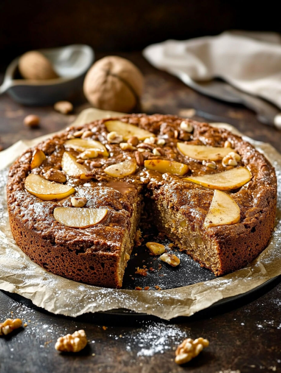 A slice of apple pie with a nut topping.