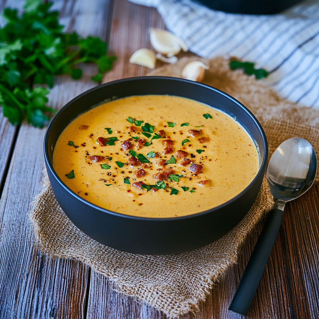 A bowl of soup with chorizo and chives.