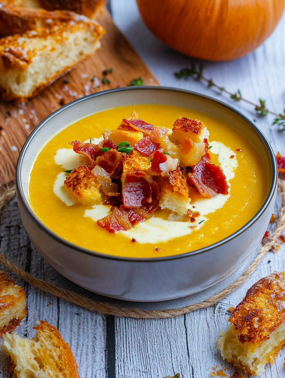 A bowl of soup with bacon bits and a slice of bread.