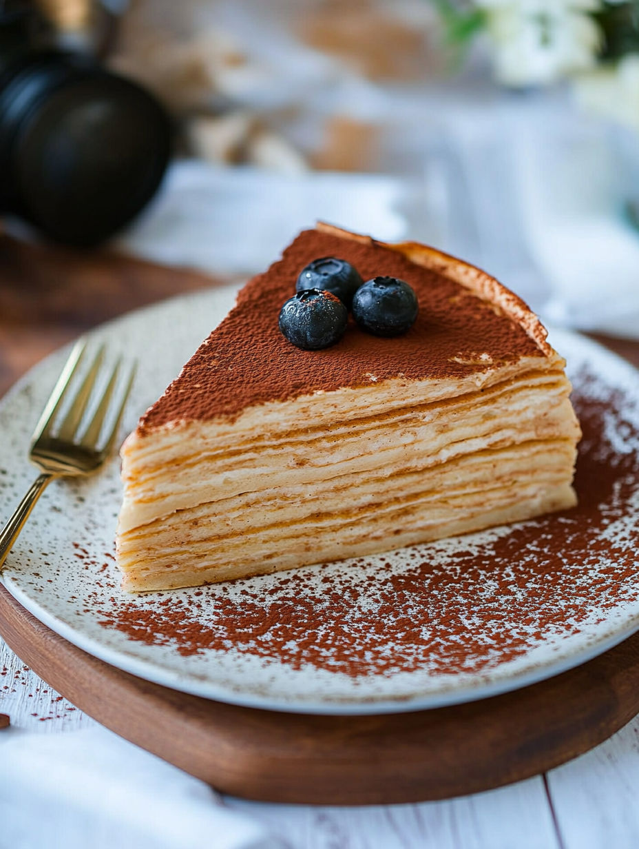 A slice of cake with blueberries on top.