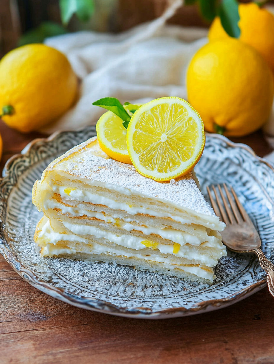 A slice of lemon cake with lemon wedges on top.