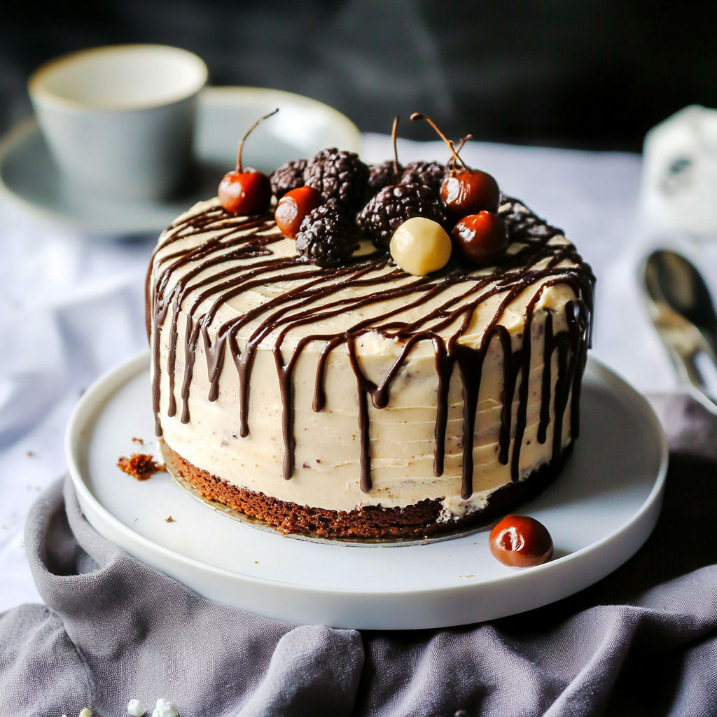 A layered chocolate cake with fruit on top.