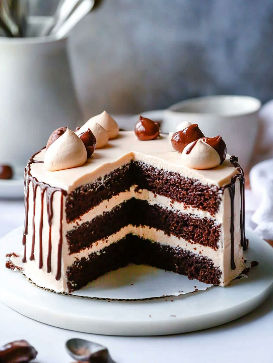 A slice of cake with white frosting and chocolate drizzle.