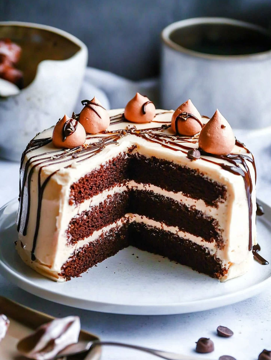 A slice of chocolate cake with chocolate icing.
