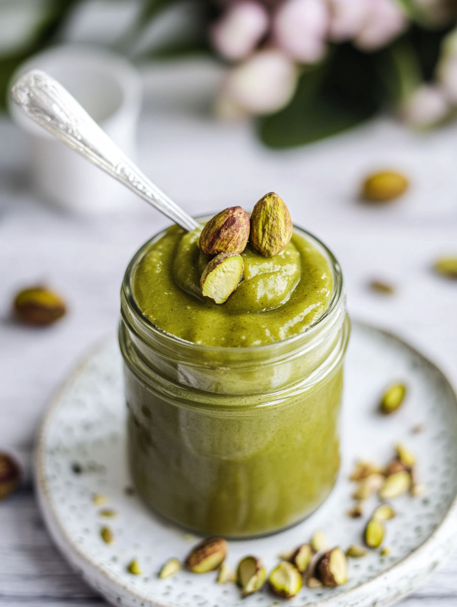 A jar of green smoothie with nuts on top.
