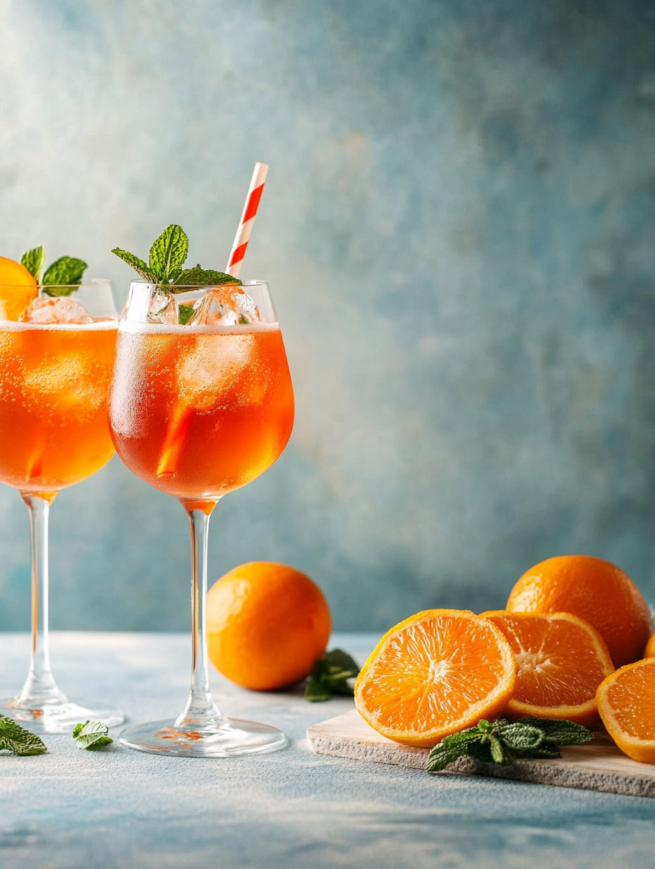 Two glasses of orange juice with a sprig of mint.