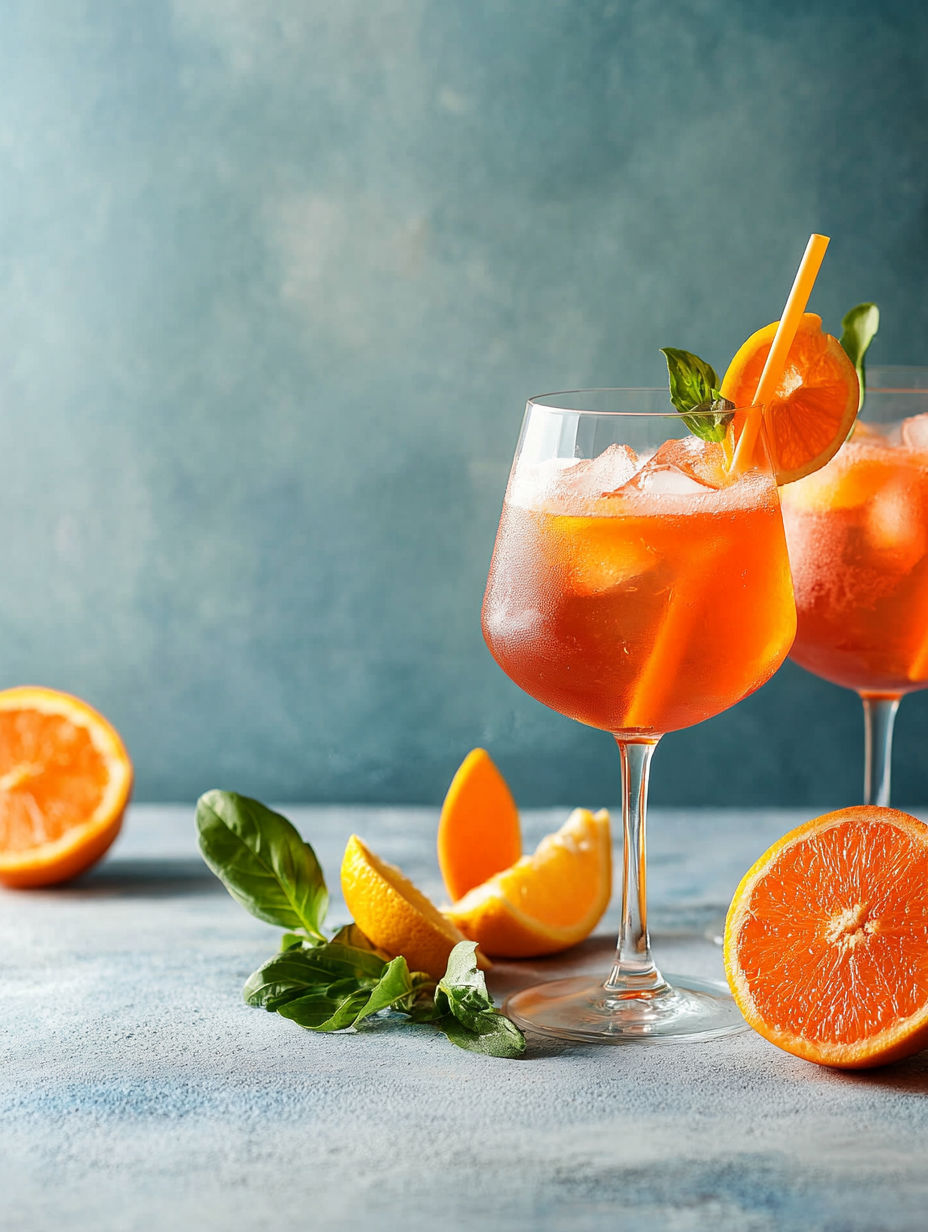 Two glasses of orange cocktail with orange slices on the side.
