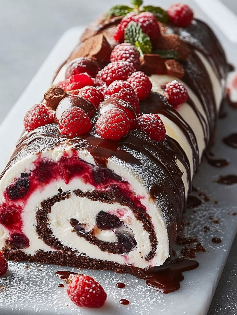 A cake with chocolate and raspberries.