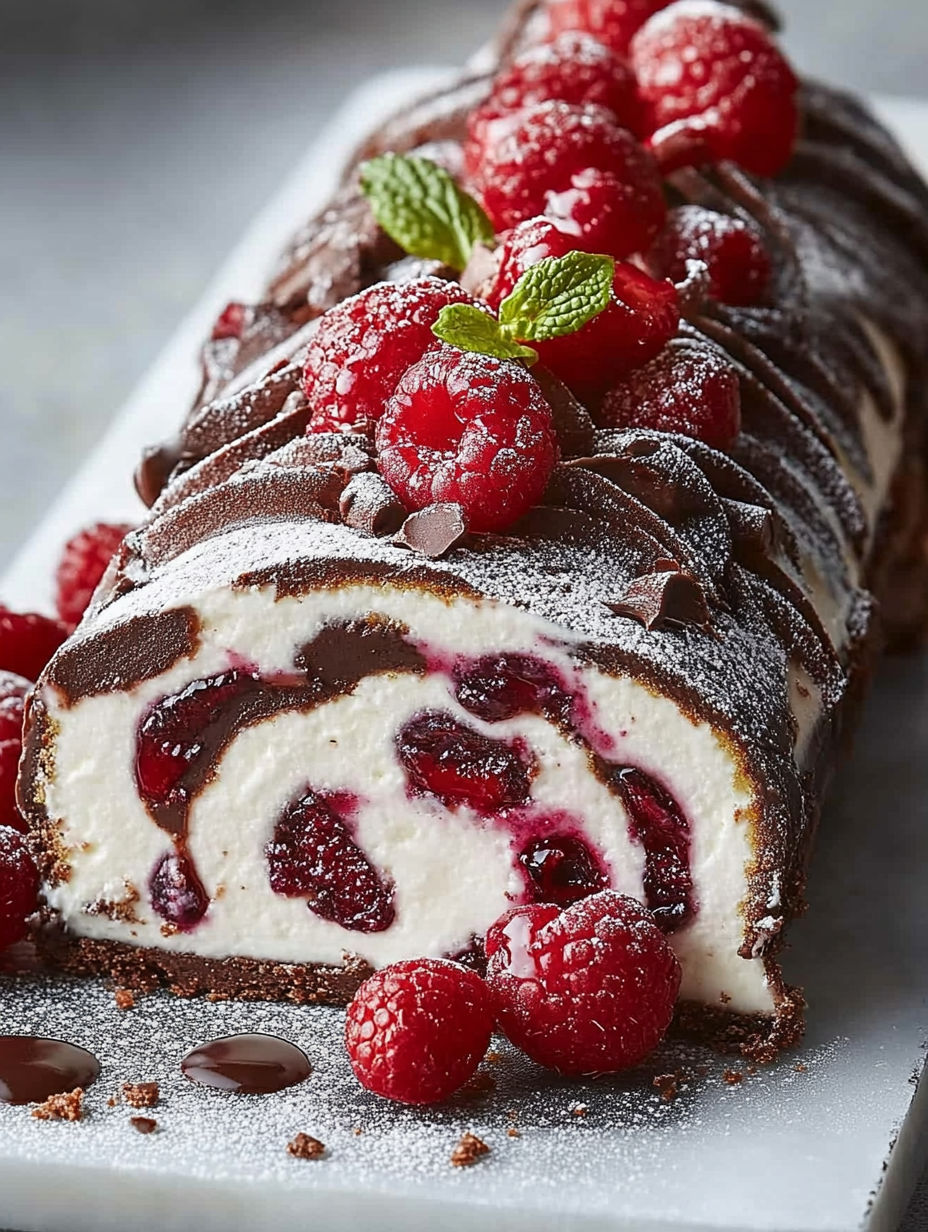 A cake with raspberries and mint on top.