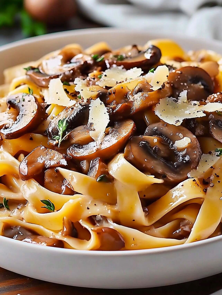 A bowl of pasta with mushrooms and cheese.