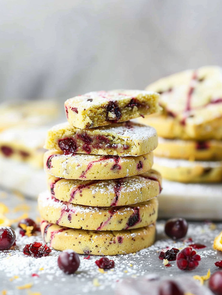 A stack of cookies with white icing and red berries on top.