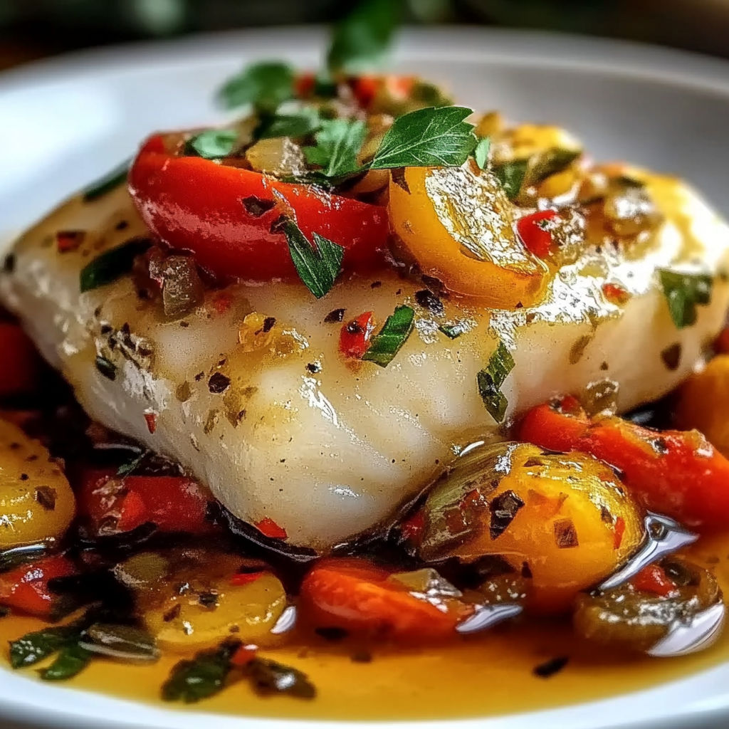 A plate of fish with tomatoes and herbs.