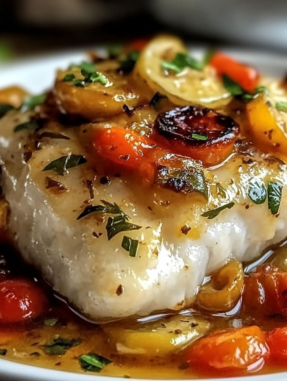 A plate of fish with vegetables on top.