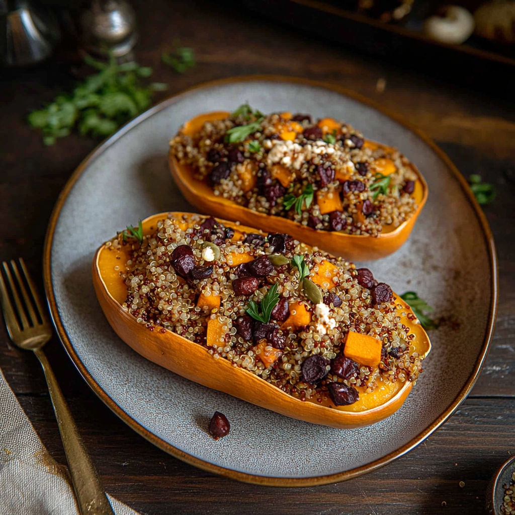 Two butternut squash filled with quinoa.
