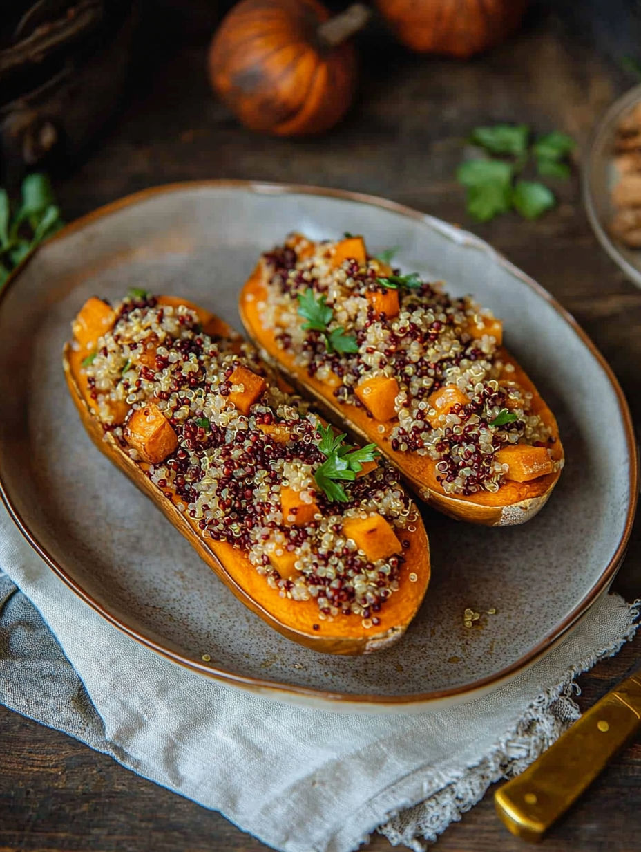 Two slices of pumpkin with seeds on top.