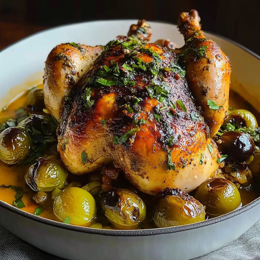 A roasted chicken with herbs and olives.