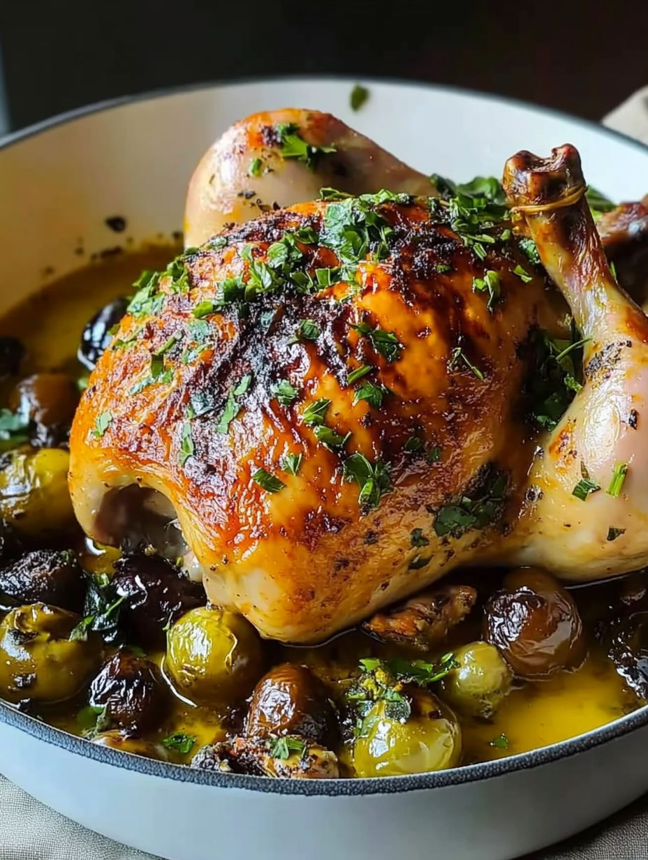 A chicken is cooked and ready to be eaten.