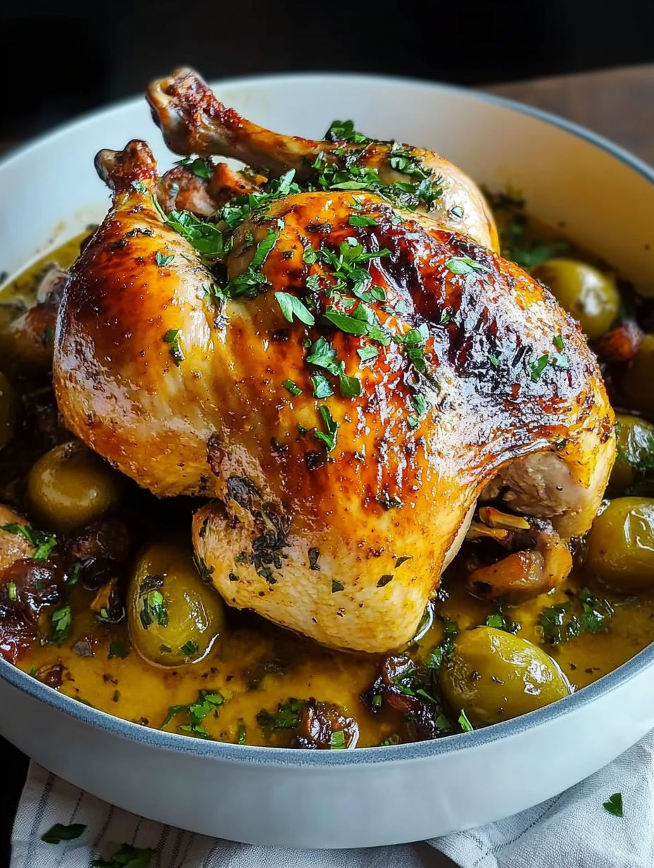 A chicken with a green herb on top.