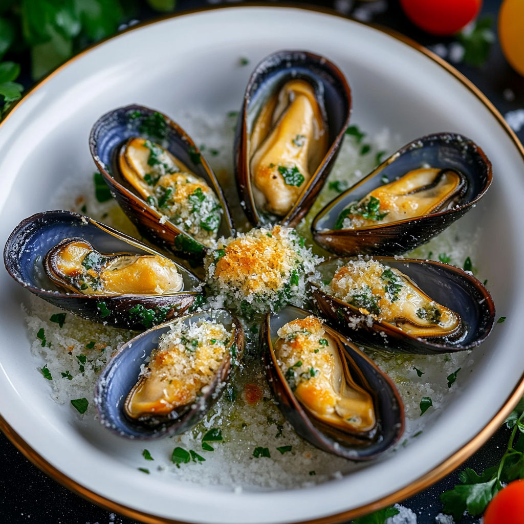 A plate of mussels with Parmesan cheese and parsley.