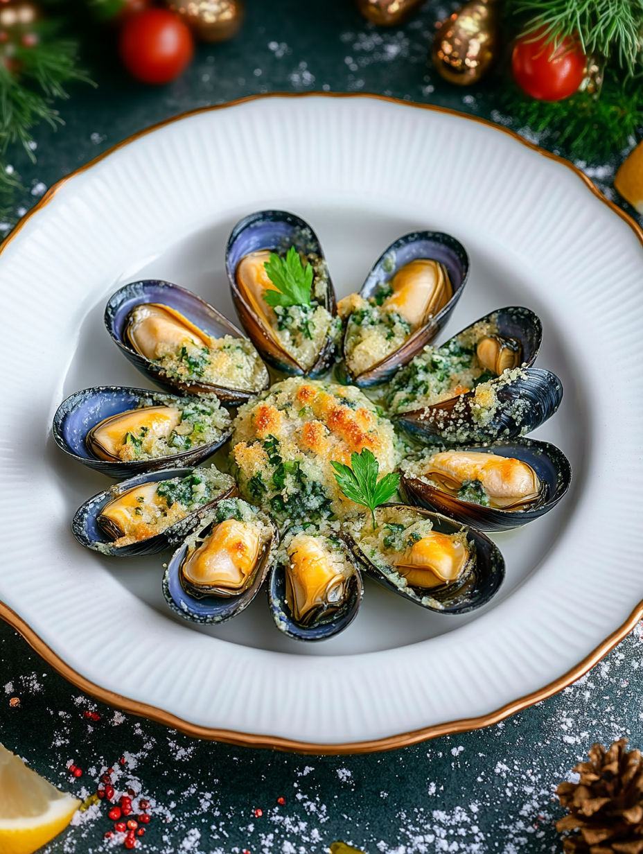A plate of food with a variety of shellfish and sauce.
