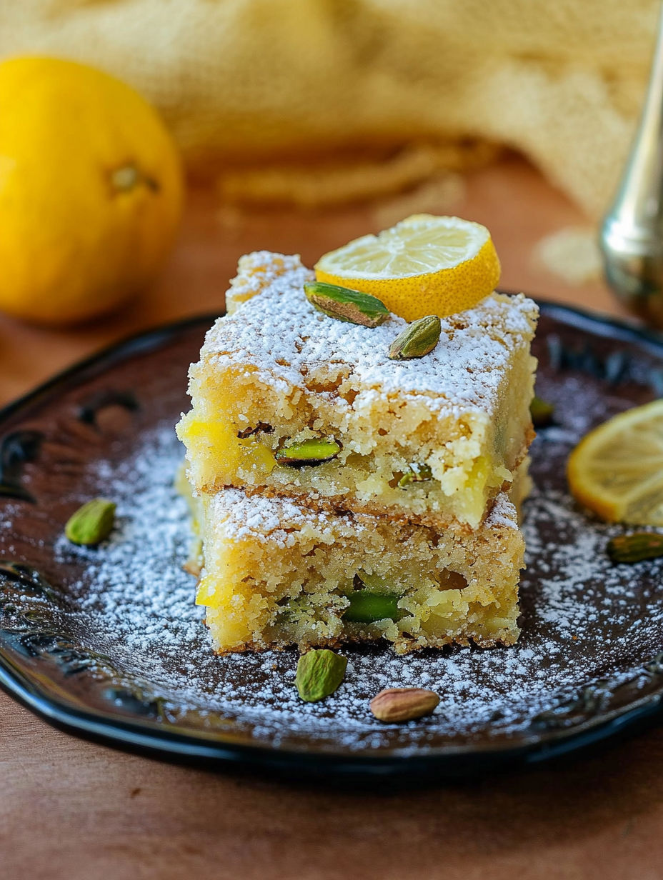A slice of cake with lemon and pistachio toppings.