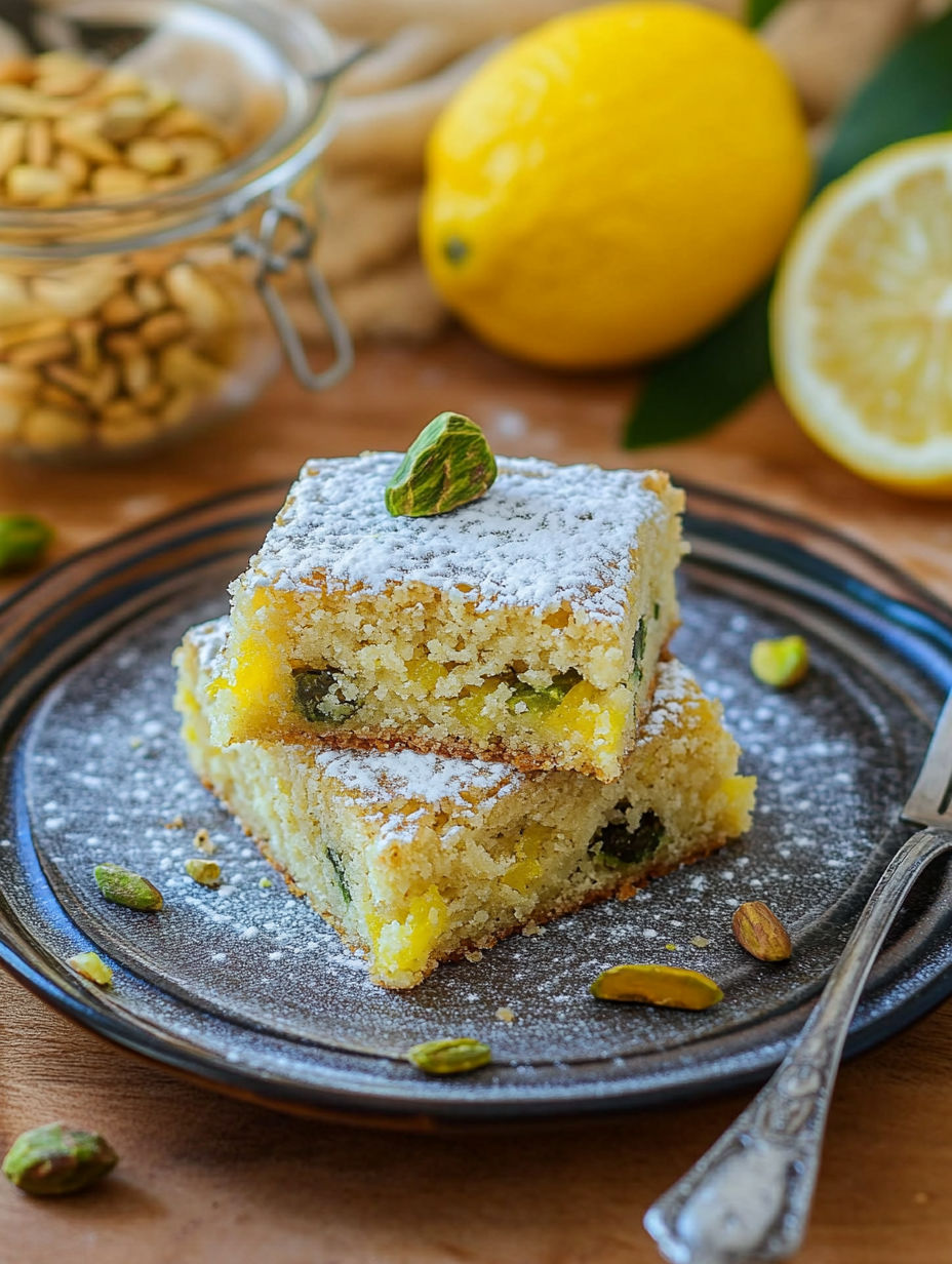 A slice of cake with a lemon wedge on top.