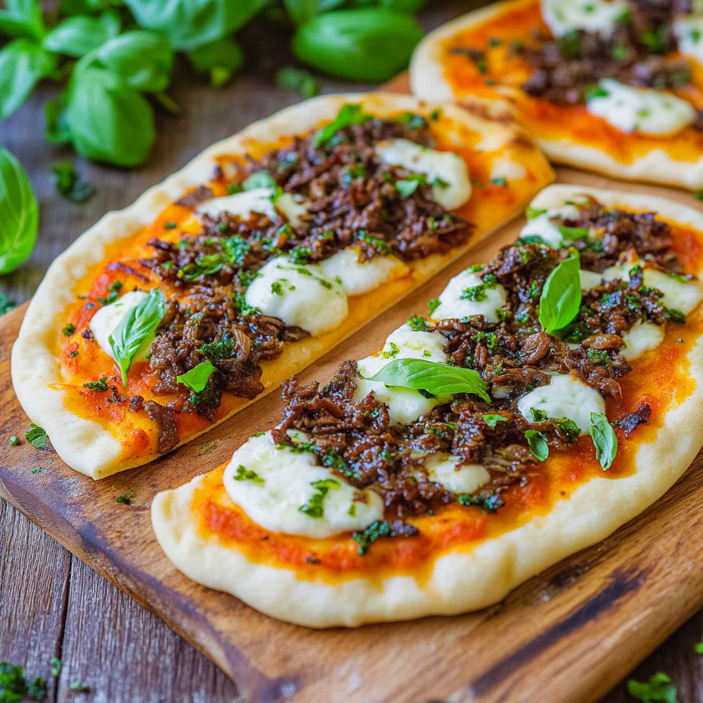 A pizza with cheese and meat on a wooden board.