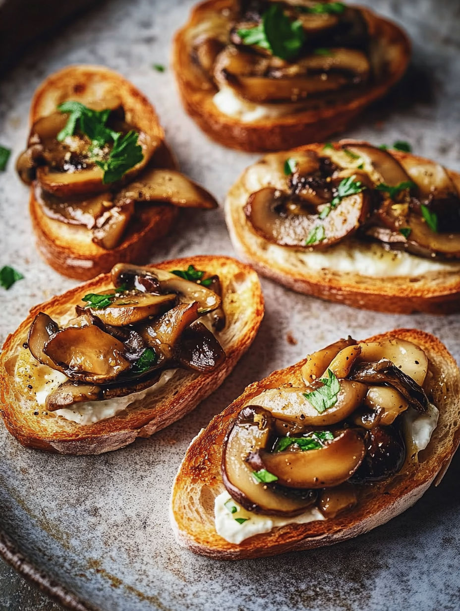 A plate of toasted bread with mushrooms on top.