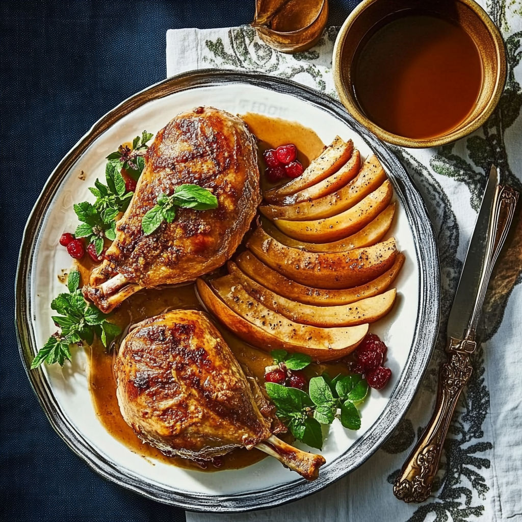 A plate of roasted chicken with apples and ginger.