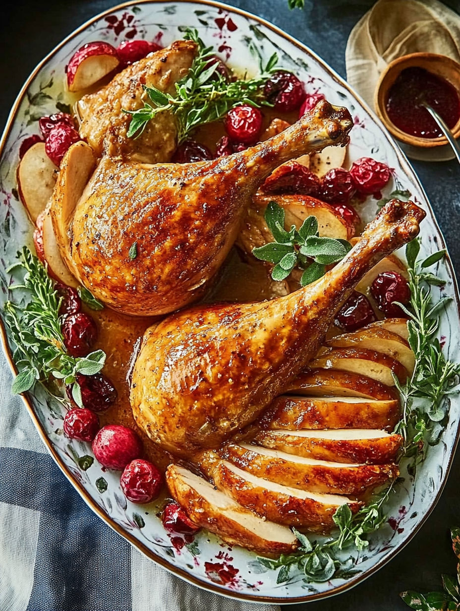 A plate of roasted chicken with a sauce.