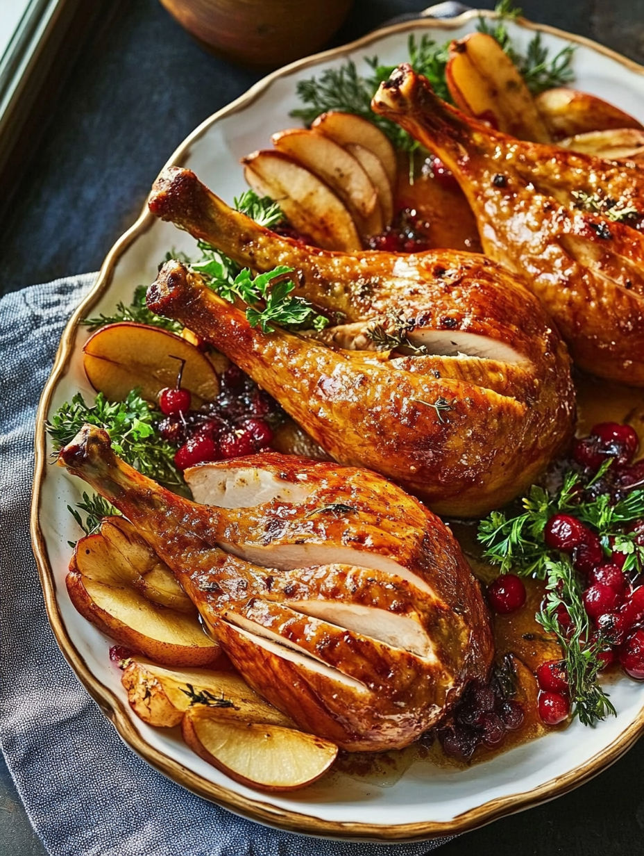 A plate of cooked chicken with a side of apples.