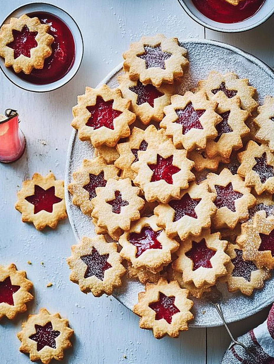 A plate of cookies with jam in the middle.