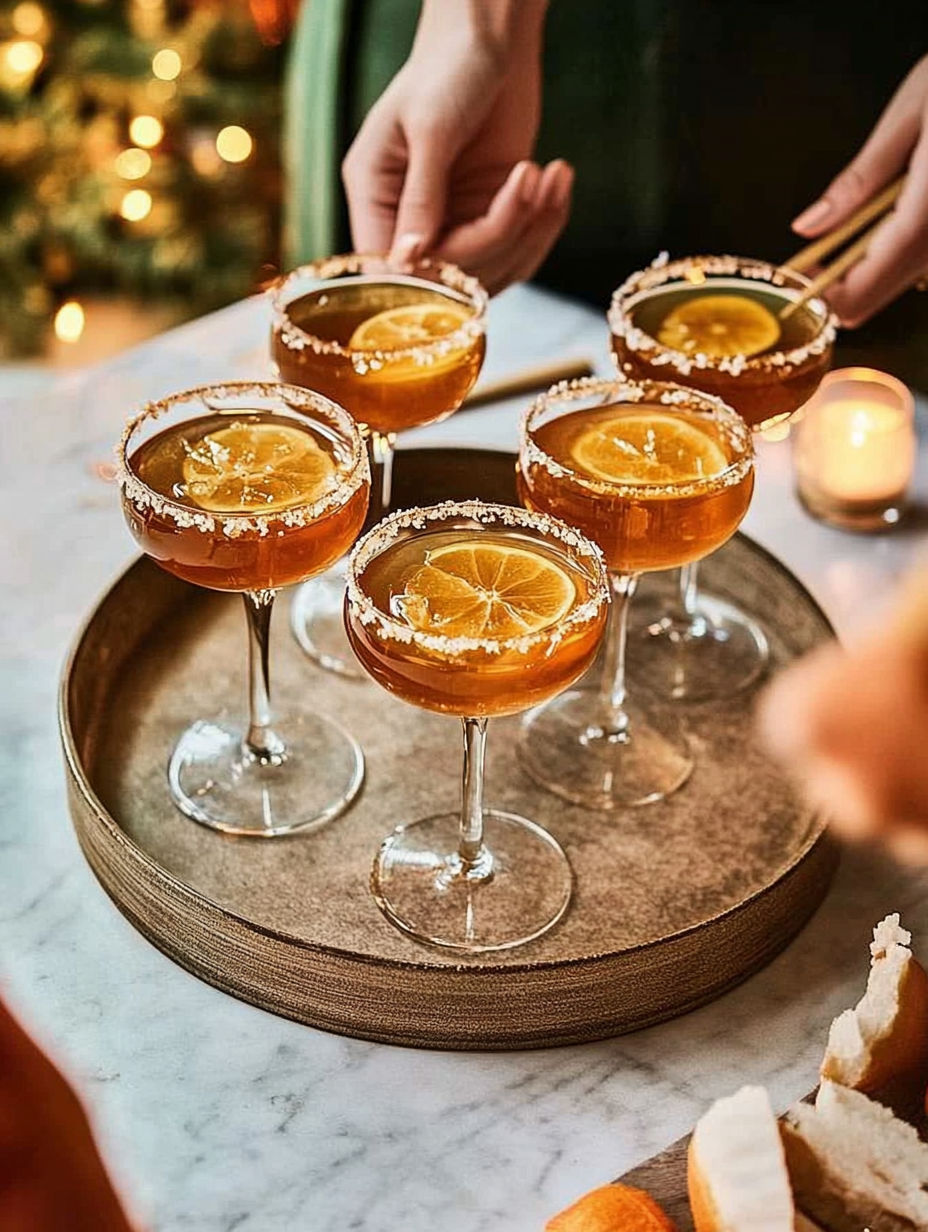 A plate of four glasses filled with a drink.