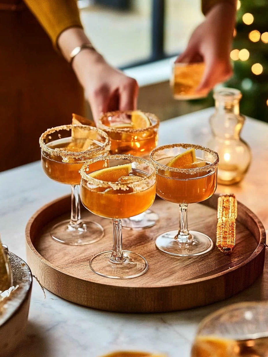 A wooden tray with four glasses of drinks on it.